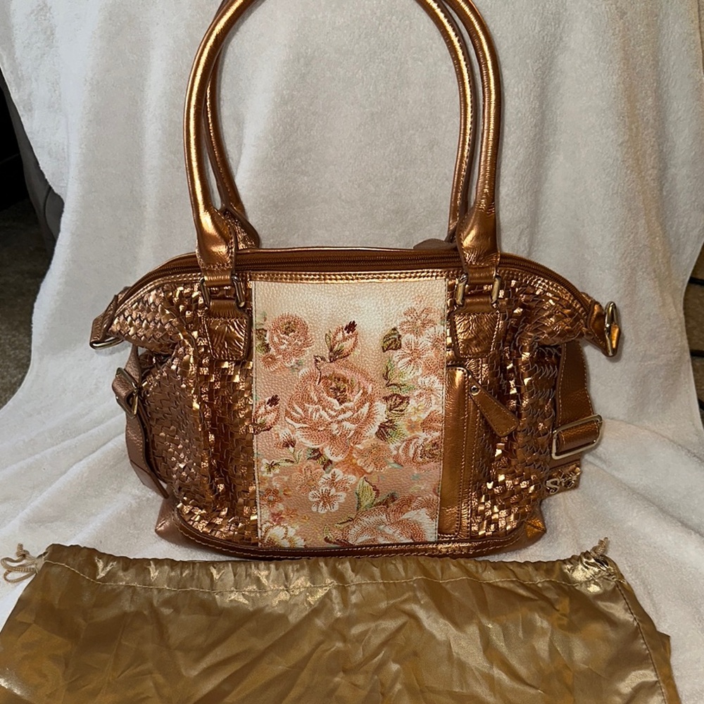 Sharif Gold Satchel with Floral Embellishments
